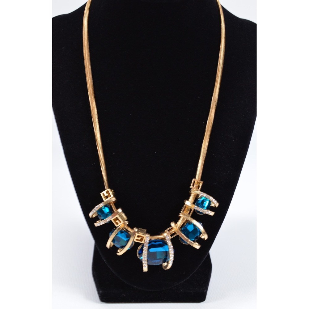 Vintage Blue & Clear Floating Rhinestone Gold Tone Snake Necklace‎ 21"
